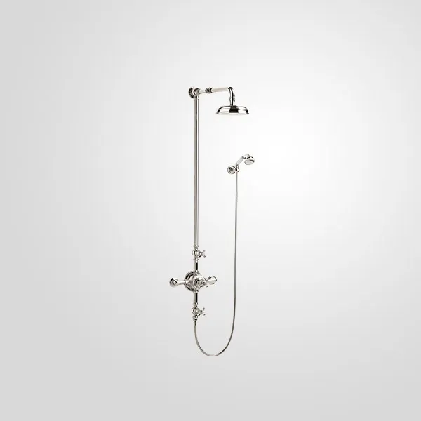  Volevatch Collection Exposed shower system with thermostatic valve, straight shower arm, hanshower and Ø 200 domed-top rose