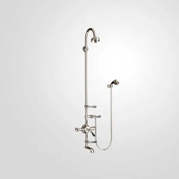Exposed shower system with thermostatic valve,Ø 120 shower head (with swivel), swan-neck shower arm, with tub spout and handshower