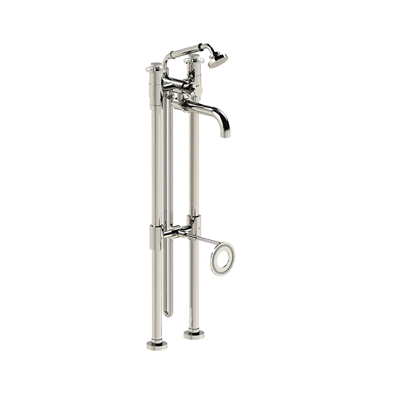 Freestanding tub filler with handshower on cradle on standard columns, fixed to the drain