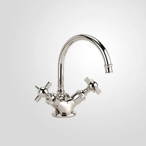  Volevatch Héritage Single hole sink mixer with escutcheon, integrated drain, 125 mm moveable swan-neck spout
